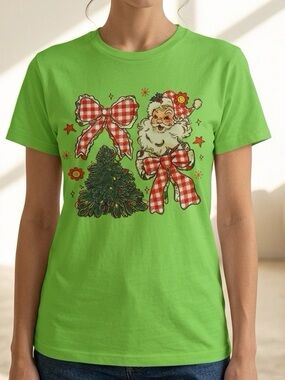 Green Christmas Graphic Tee with Santa and Tree